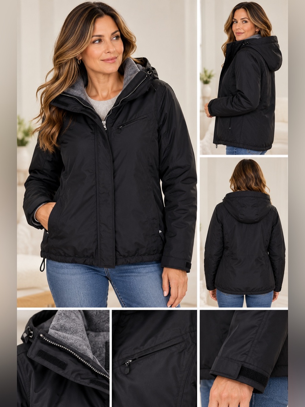 Lands’ End Squall Jacket L 14-16 Black Waterproof Windproof Hooded Fleece NWT